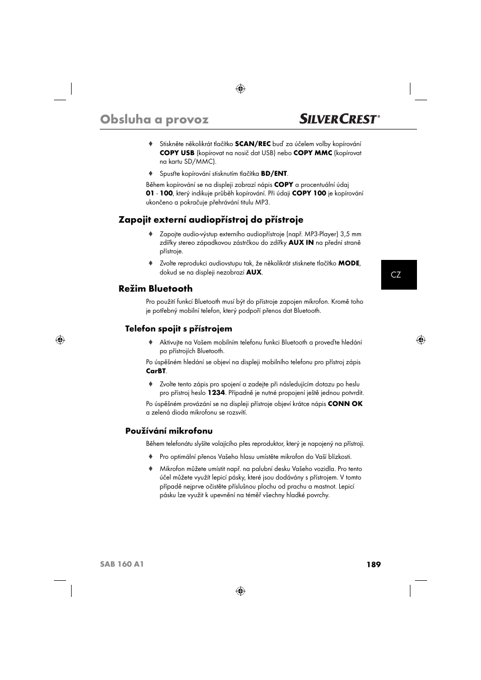 Obsluha a provoz, Zapojit externí audiopřístroj do přístroje, Režim bluetooth | Telefon spojit s přístrojem, Používání mikrofonu | Silvercrest SAB 160 A1 User Manual | Page 191 / 242