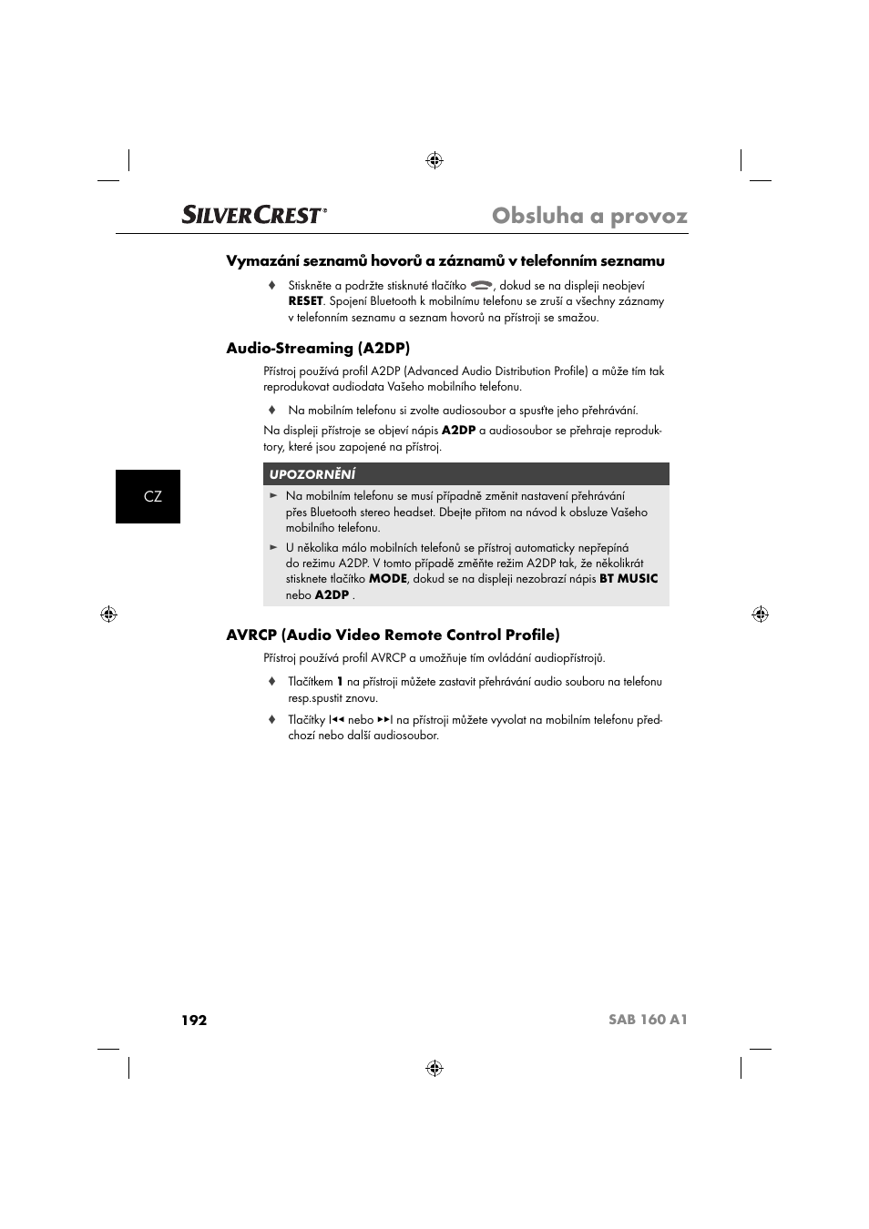 Obsluha a provoz, Audio-streaming (a2dp), Avrcp (audio video remote control proﬁ le) | Silvercrest SAB 160 A1 User Manual | Page 194 / 242