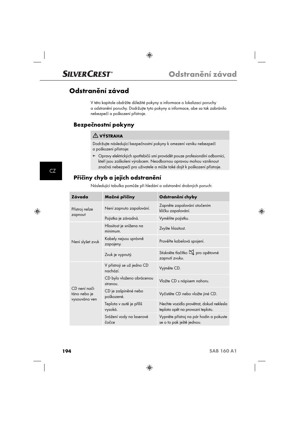 Odstranění závad, Bezpečnostní pokyny, Příčiny chyb a jejich odstranění | Silvercrest SAB 160 A1 User Manual | Page 196 / 242