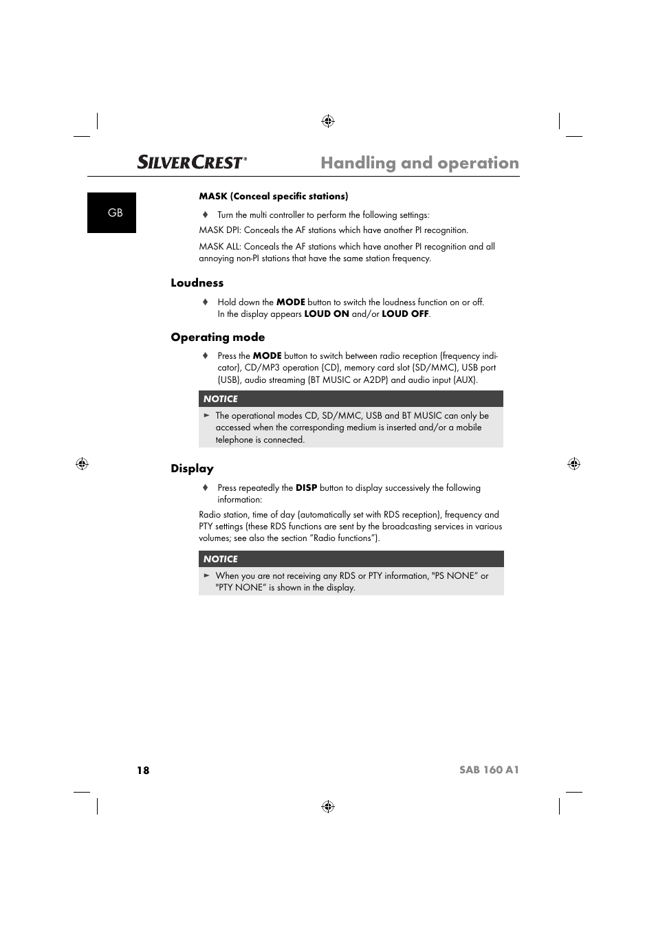 Handling and operation, Loudness, Operating mode | Display | Silvercrest SAB 160 A1 User Manual | Page 20 / 242