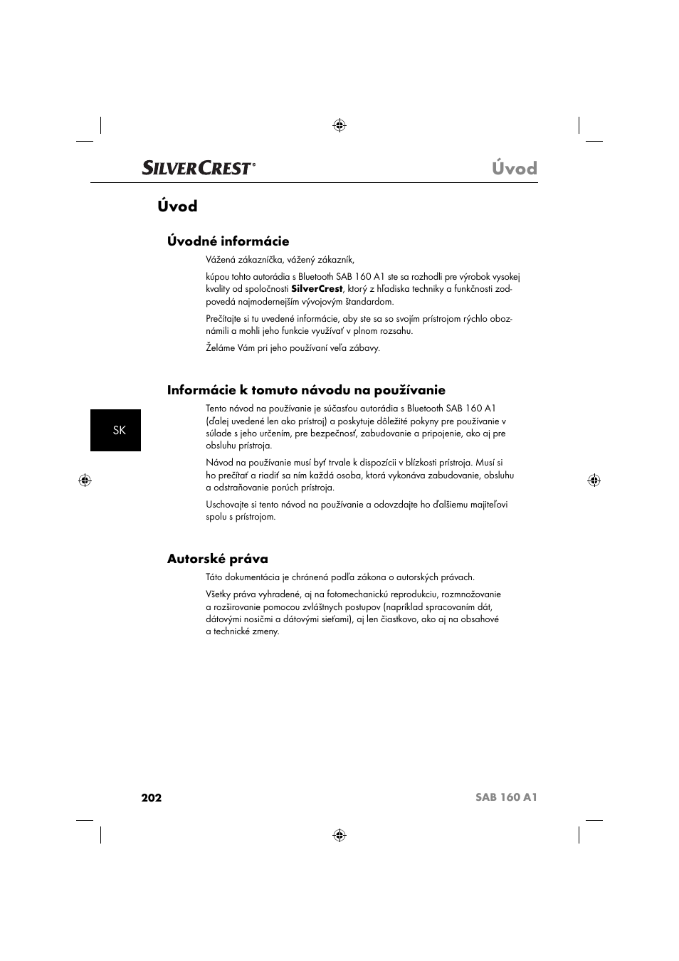 Úvod, Úvodné informácie, Informácie k tomuto návodu na používanie | Autorské práva | Silvercrest SAB 160 A1 User Manual | Page 204 / 242