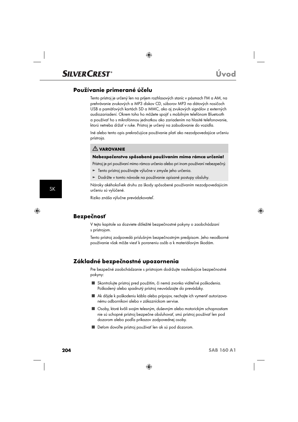 Úvod, Používanie primerané účelu, Bezpečnosť | Základné bezpečnostné upozornenia | Silvercrest SAB 160 A1 User Manual | Page 206 / 242