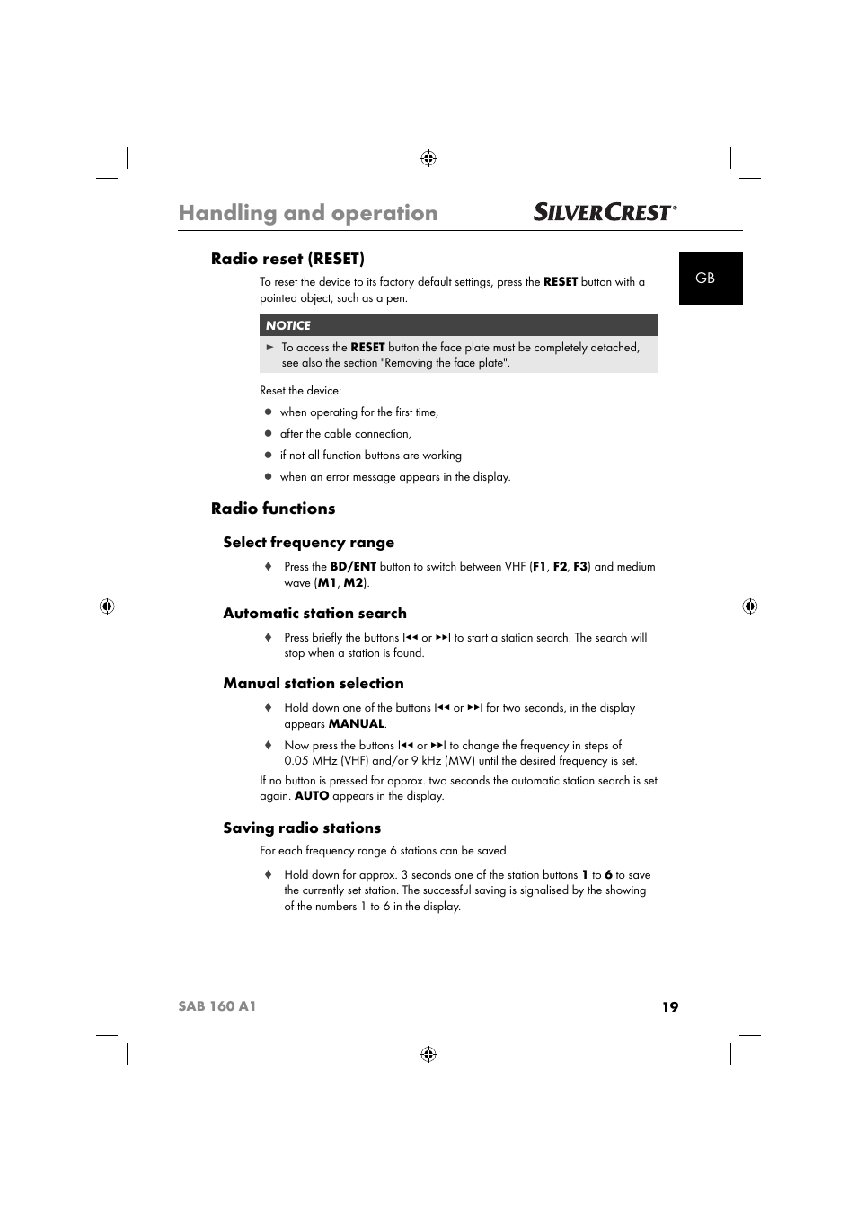 Handling and operation, Radio reset (reset), Radio functions | Select frequency range, Automatic station search, Manual station selection, Saving radio stations | Silvercrest SAB 160 A1 User Manual | Page 21 / 242