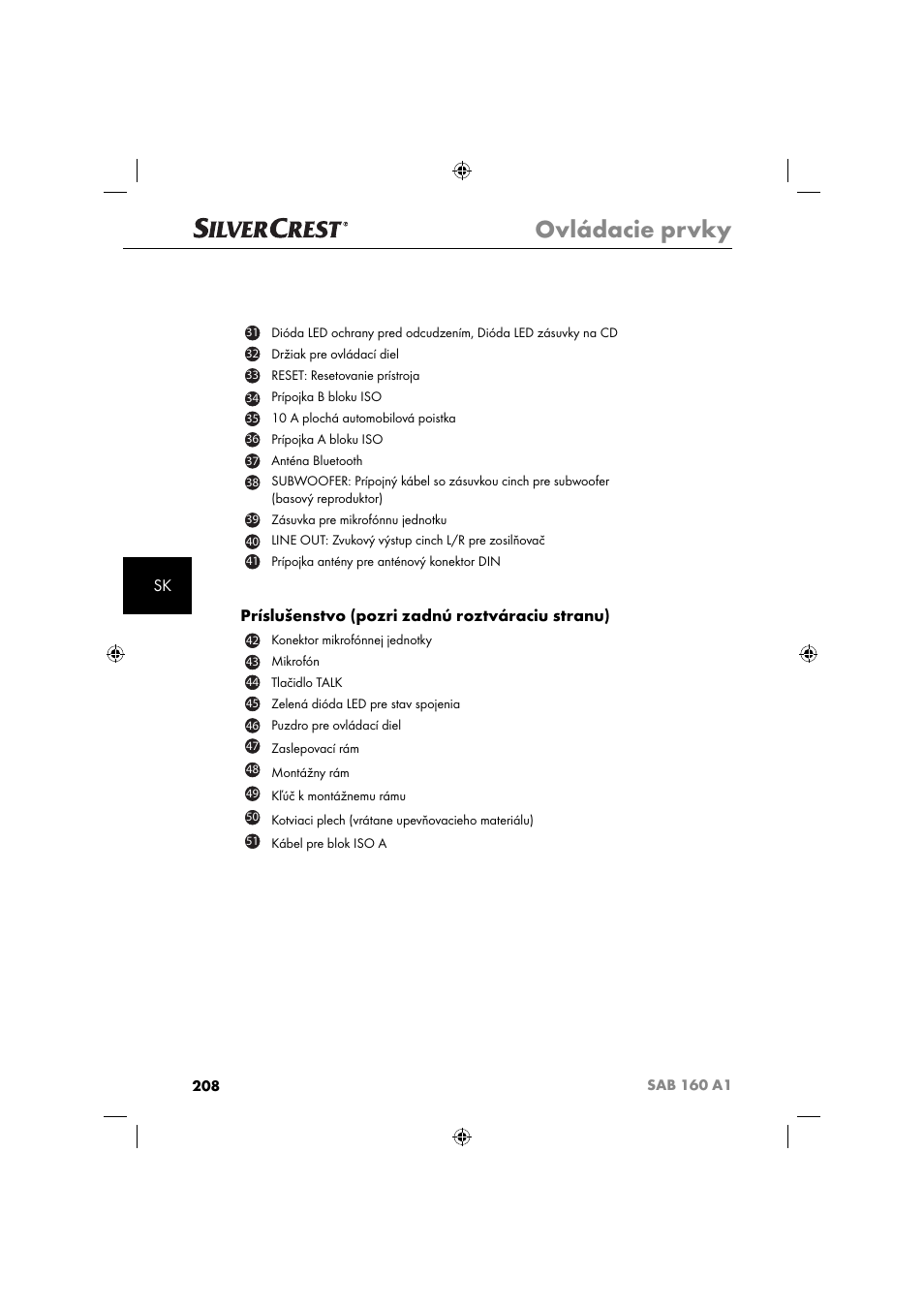 Ovládacie prvky, Príslušenstvo (pozri zadnú roztváraciu stranu) | Silvercrest SAB 160 A1 User Manual | Page 210 / 242