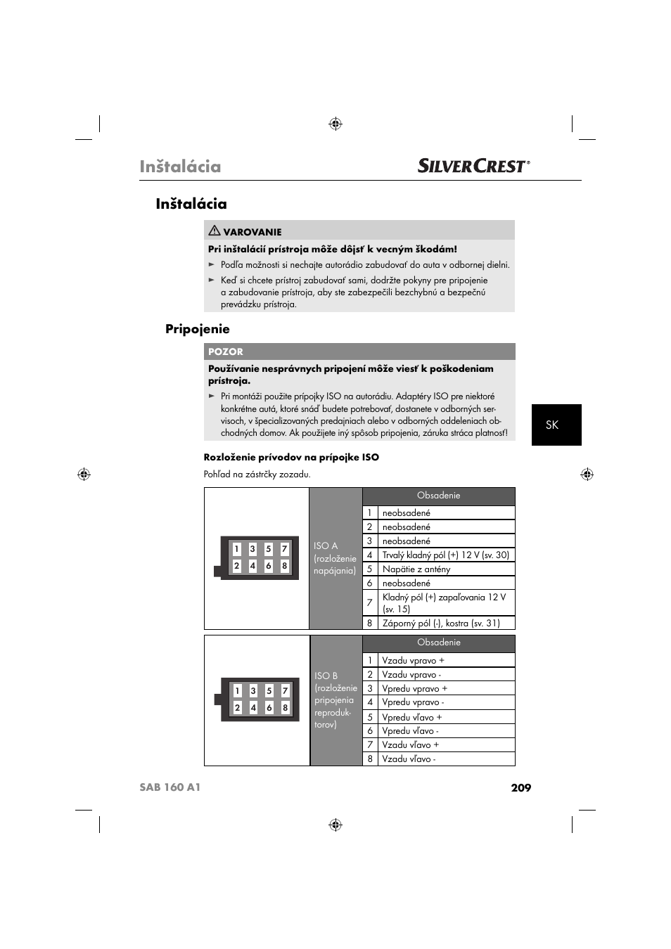 Inštalácia, Pripojenie | Silvercrest SAB 160 A1 User Manual | Page 211 / 242