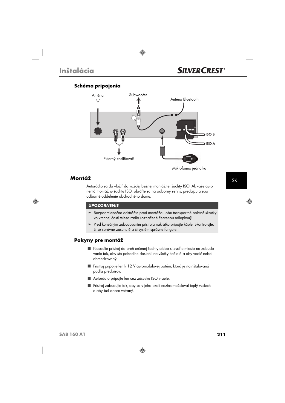 Inštalácia, Montáž, Sk schéma pripojenia | Pokyny pre montáž | Silvercrest SAB 160 A1 User Manual | Page 213 / 242