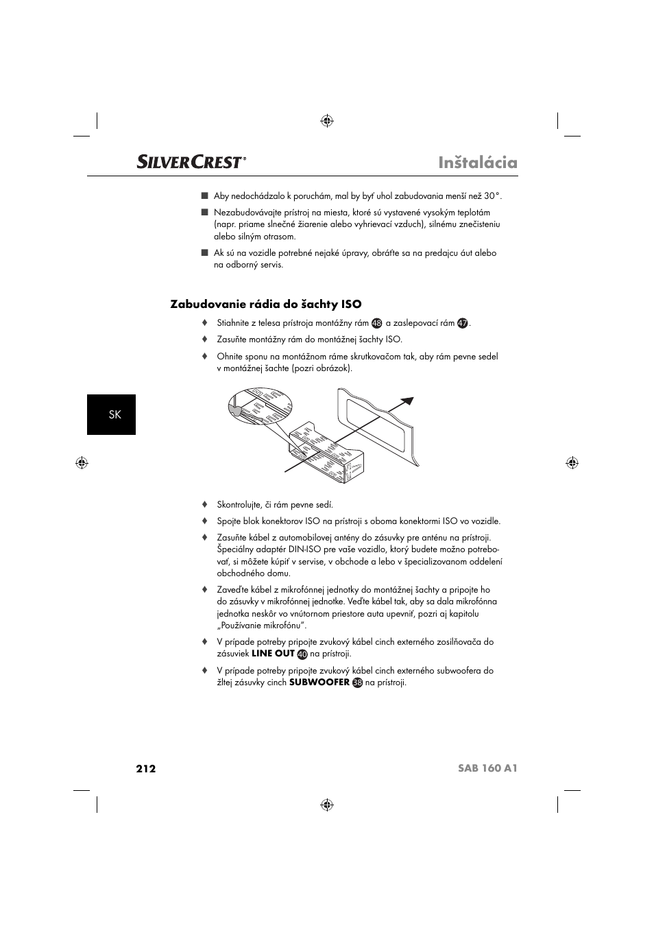 Inštalácia, Zabudovanie rádia do šachty iso | Silvercrest SAB 160 A1 User Manual | Page 214 / 242