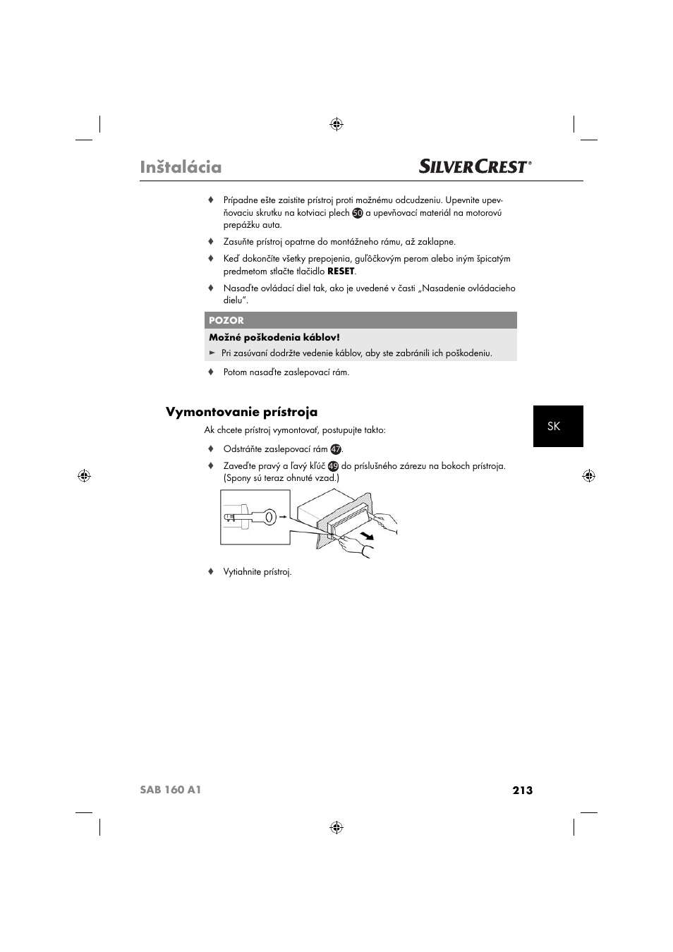 Inštalácia, Vymontovanie prístroja | Silvercrest SAB 160 A1 User Manual | Page 215 / 242