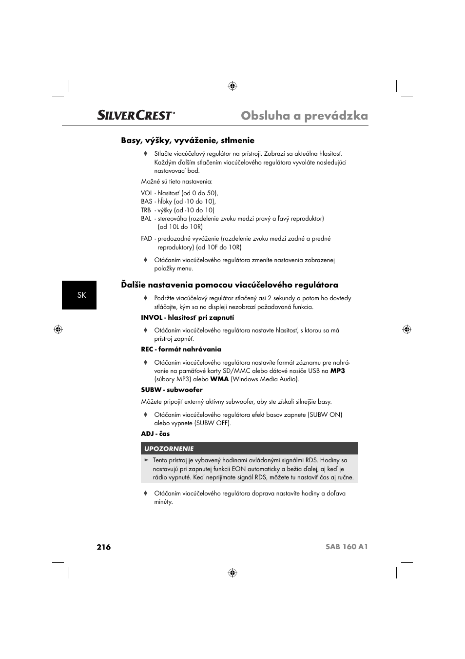 Obsluha a prevádzka, Sk basy, výšky, vyváženie, stlmenie, Ďalšie nastavenia pomocou viacúčelového regulátora | Silvercrest SAB 160 A1 User Manual | Page 218 / 242