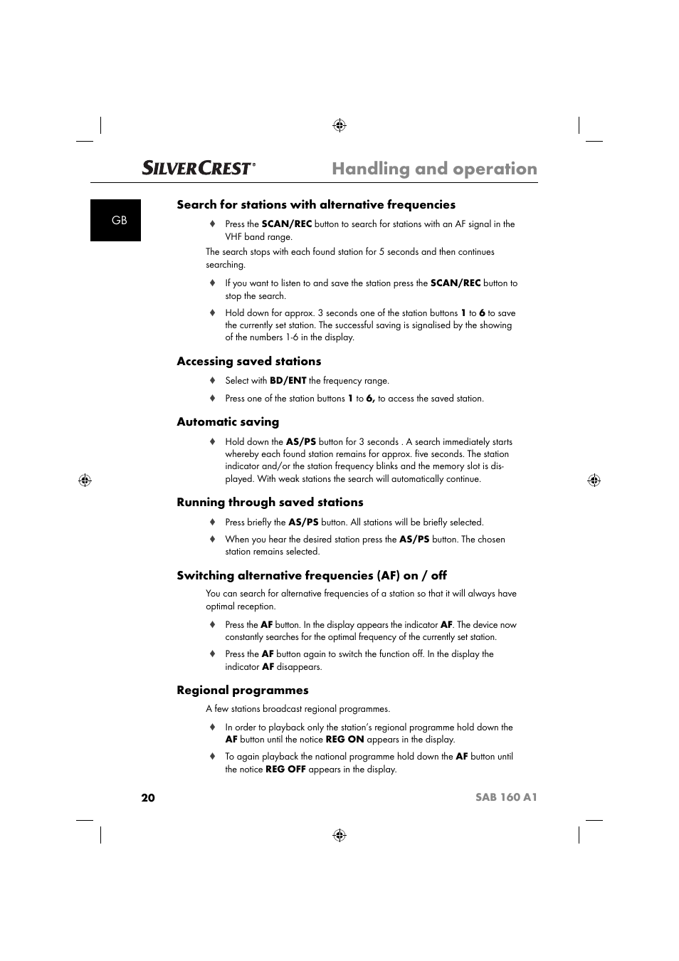 Handling and operation, Accessing saved stations, Automatic saving | Running through saved stations, Switching alternative frequencies (af) on / oﬀ, Regional programmes | Silvercrest SAB 160 A1 User Manual | Page 22 / 242