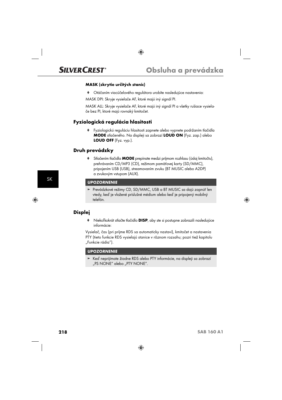 Obsluha a prevádzka, Fyziologická regulácia hlasitosti, Druh prevádzky | Displej | Silvercrest SAB 160 A1 User Manual | Page 220 / 242