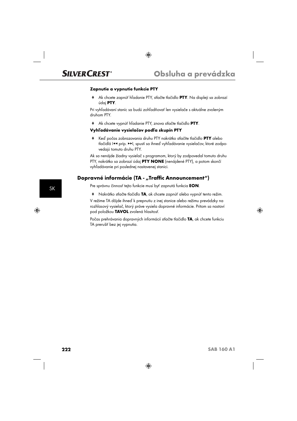 Obsluha a prevádzka, Dopravné informácie (ta - „traﬃ c announcement“) | Silvercrest SAB 160 A1 User Manual | Page 224 / 242
