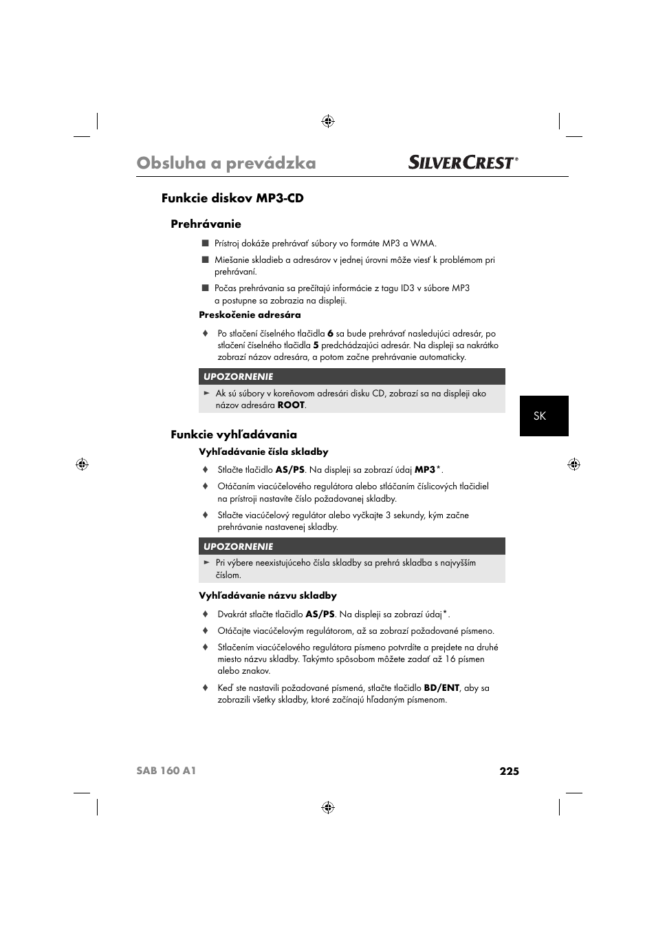 Obsluha a prevádzka, Funkcie diskov mp3-cd, Prehrávanie | Funkcie vyhľadávania | Silvercrest SAB 160 A1 User Manual | Page 227 / 242
