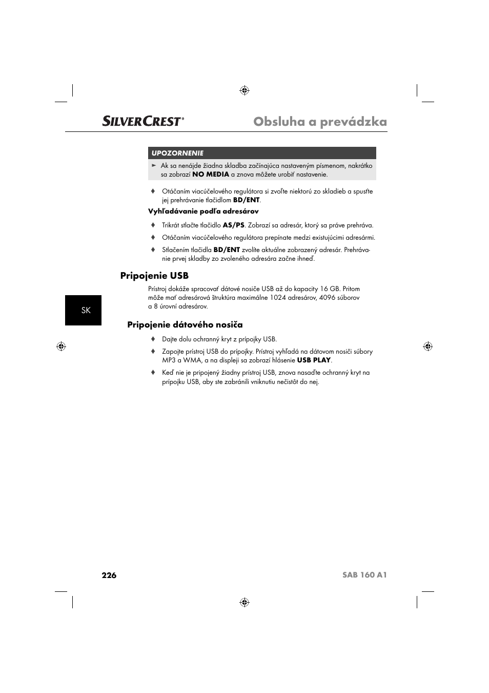 Obsluha a prevádzka, Pripojenie usb, Pripojenie dátového nosiča | Silvercrest SAB 160 A1 User Manual | Page 228 / 242