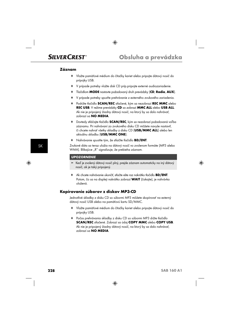 Obsluha a prevádzka, Sk záznam, Kopírovanie súborov z diskov mp3-cd | Silvercrest SAB 160 A1 User Manual | Page 230 / 242