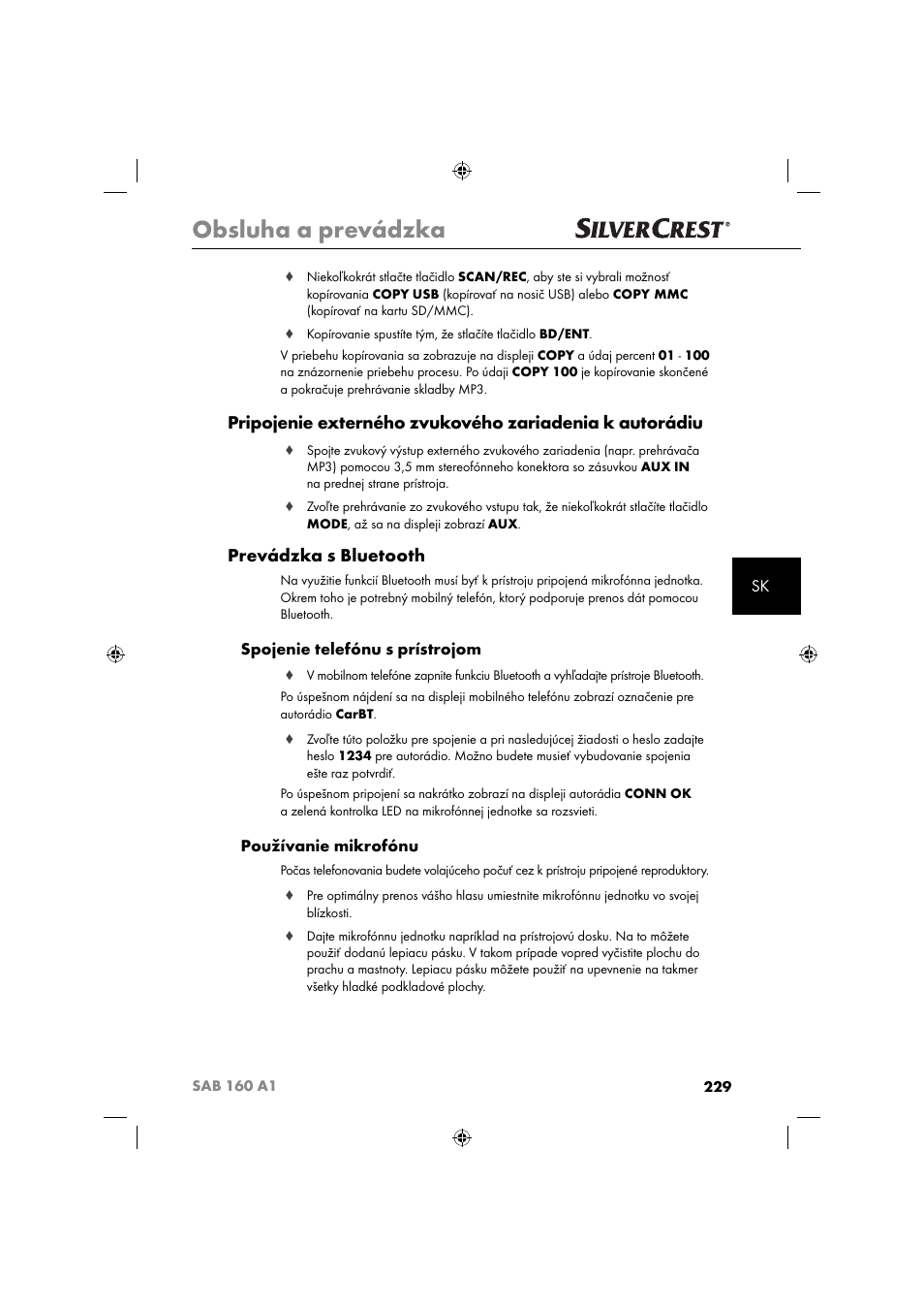 Obsluha a prevádzka, Prevádzka s bluetooth, Spojenie telefónu s prístrojom | Používanie mikrofónu | Silvercrest SAB 160 A1 User Manual | Page 231 / 242