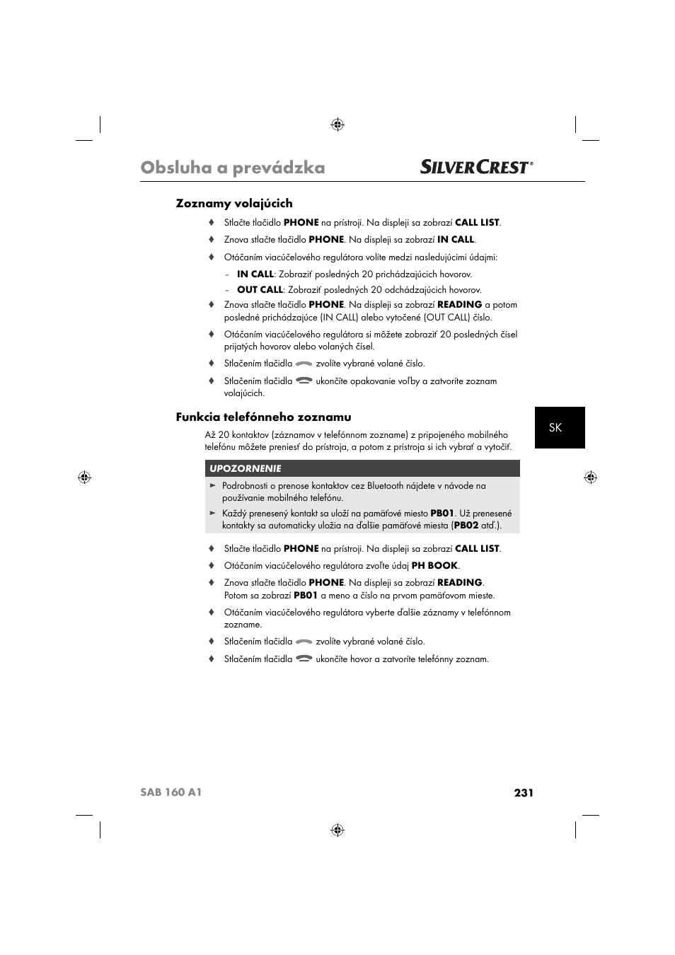 Obsluha a prevádzka, Sk zoznamy volajúcich, Funkcia telefónneho zoznamu | Silvercrest SAB 160 A1 User Manual | Page 233 / 242