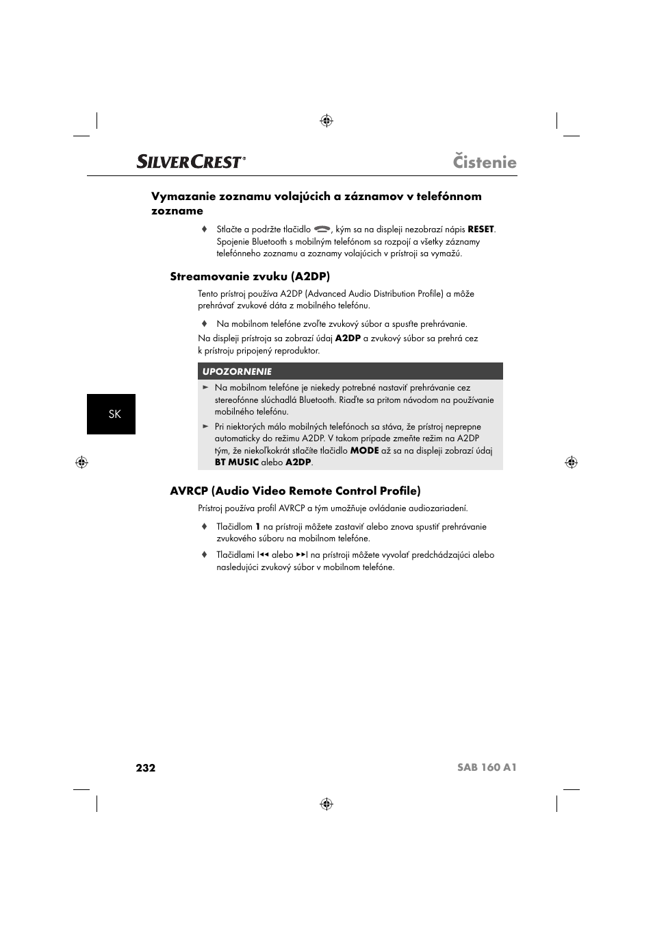 Čistenie, Streamovanie zvuku (a2dp), Avrcp (audio video remote control proﬁ le) | Silvercrest SAB 160 A1 User Manual | Page 234 / 242