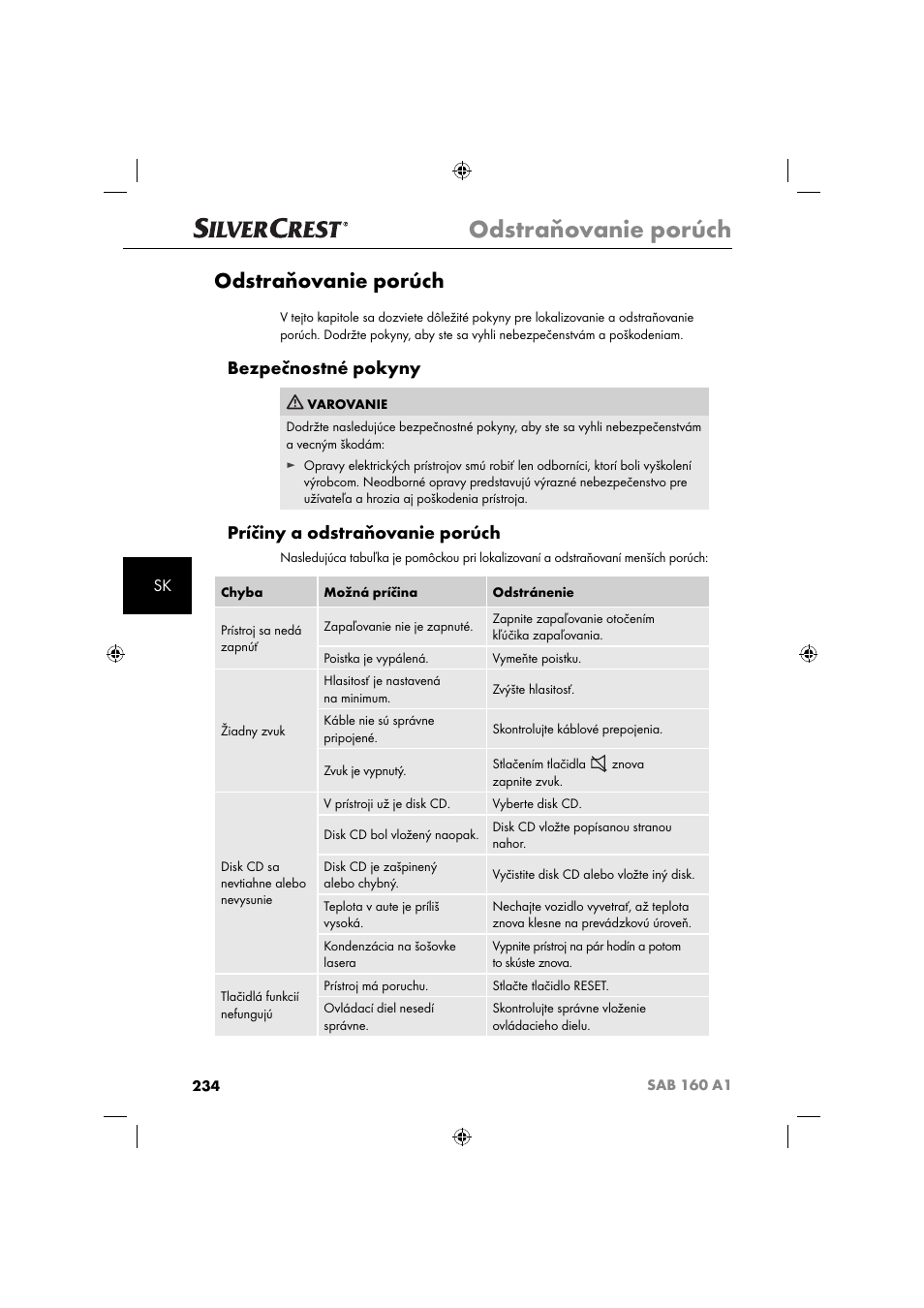 Odstraňovanie porúch, Bezpečnostné pokyny, Príčiny a odstraňovanie porúch | Silvercrest SAB 160 A1 User Manual | Page 236 / 242