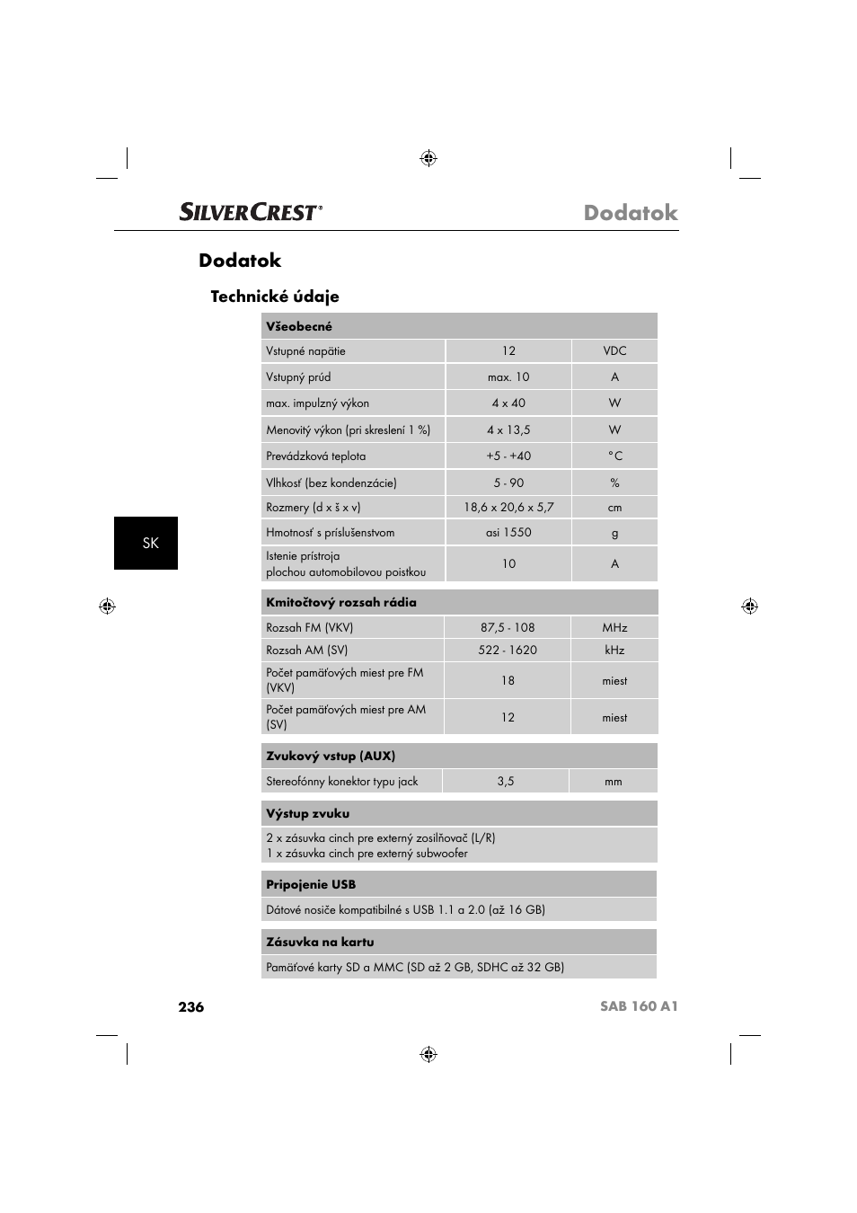 Dodatok, Technické údaje | Silvercrest SAB 160 A1 User Manual | Page 238 / 242