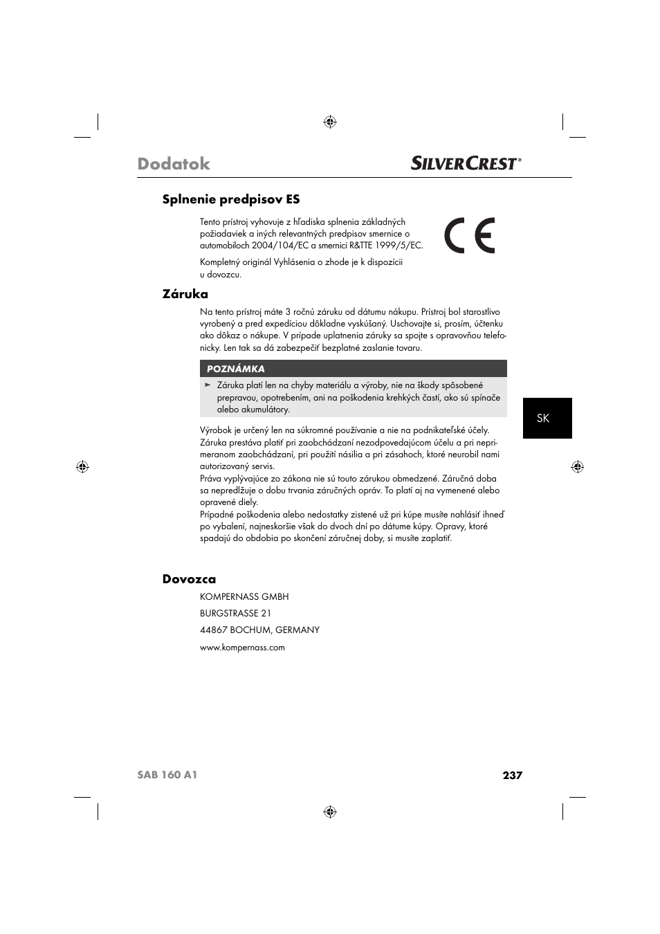 Dodatok, Splnenie predpisov es, Záruka | Dovozca | Silvercrest SAB 160 A1 User Manual | Page 239 / 242