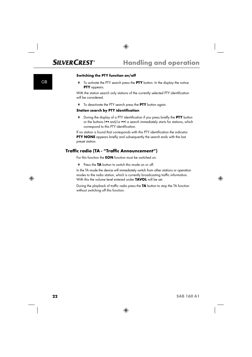 Handling and operation, Traﬃ c radio (ta - “traﬃ c announcement”) | Silvercrest SAB 160 A1 User Manual | Page 24 / 242