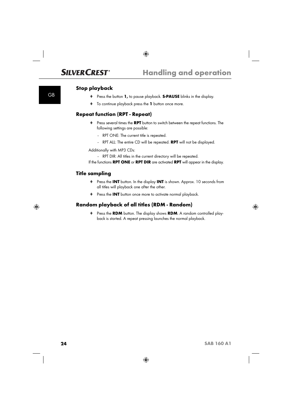 Handling and operation, Gb stop playback, Repeat function (rpt - repeat) | Title sampling, Random playback of all titles (rdm - random) | Silvercrest SAB 160 A1 User Manual | Page 26 / 242