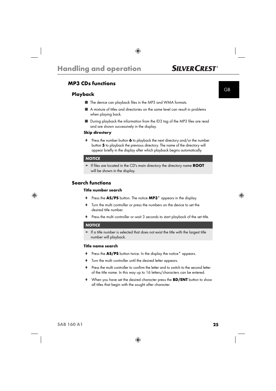 Handling and operation, Mp3 cds functions, Playback | Search functions | Silvercrest SAB 160 A1 User Manual | Page 27 / 242