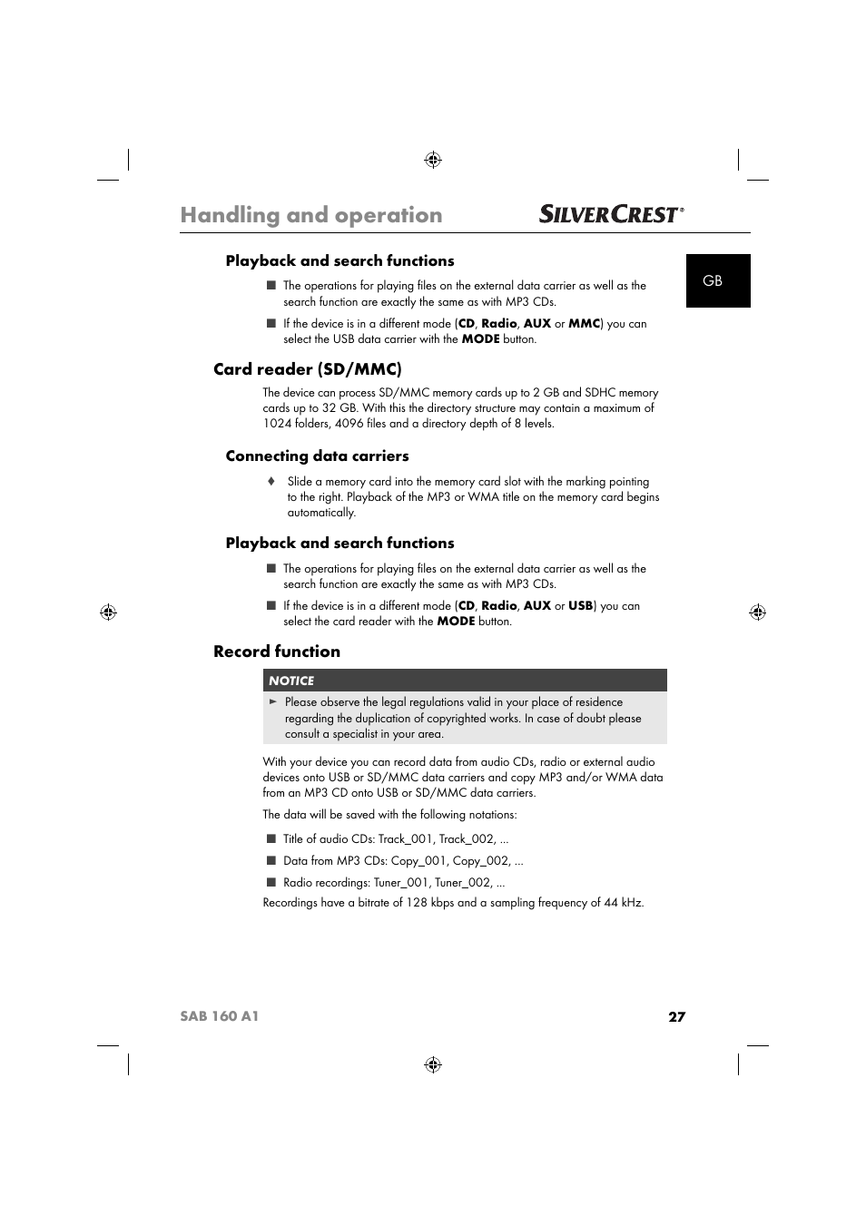 Handling and operation, Card reader (sd/mmc), Record function | Gb playback and search functions, Connecting data carriers, Playback and search functions | Silvercrest SAB 160 A1 User Manual | Page 29 / 242