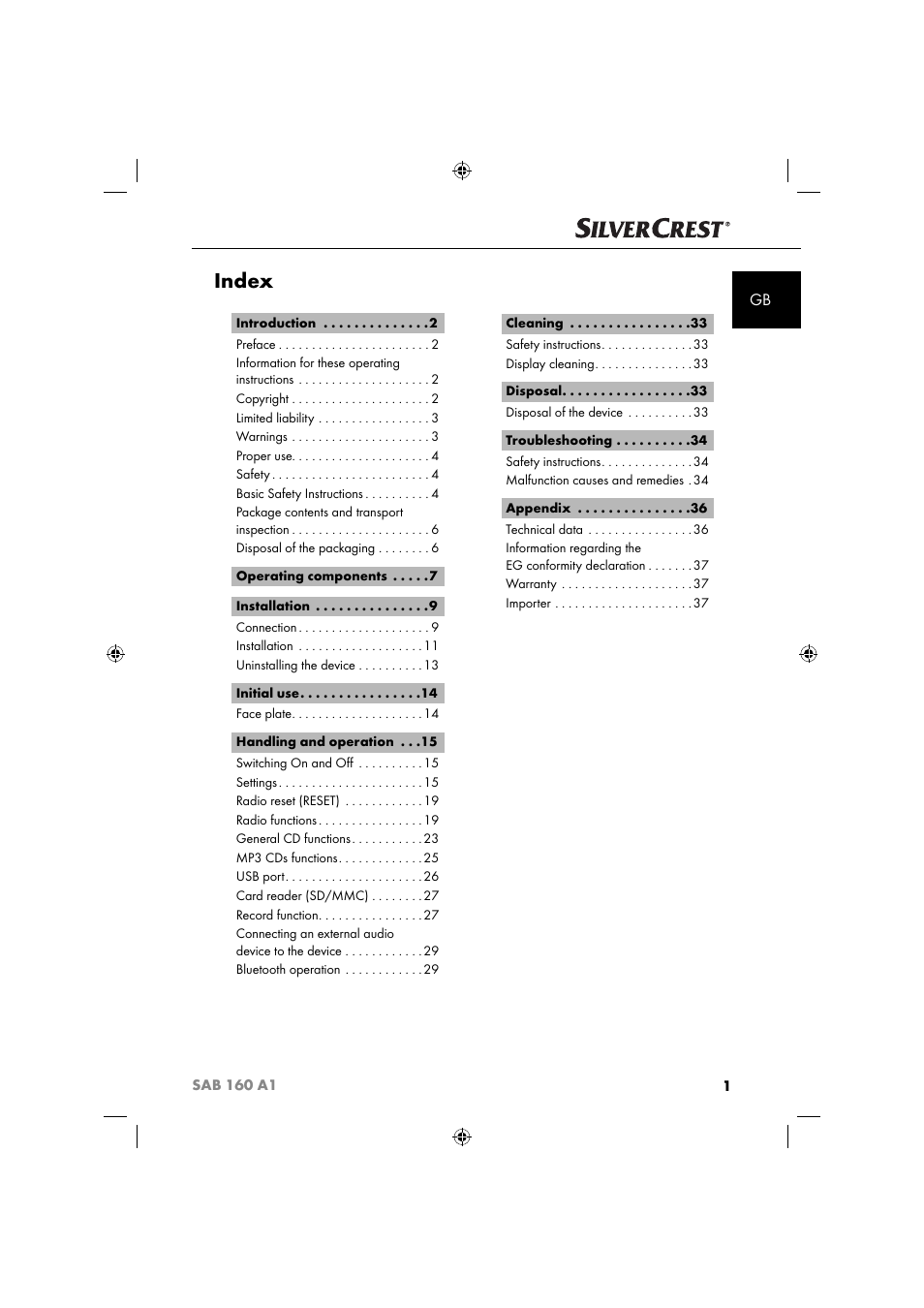 Index | Silvercrest SAB 160 A1 User Manual | Page 3 / 242