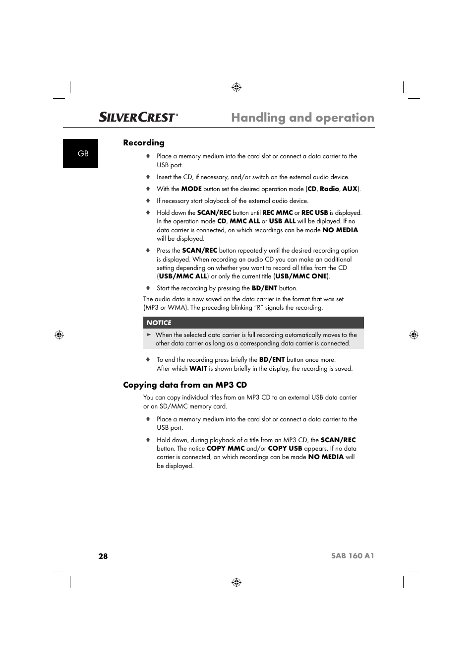 Handling and operation, Gb recording, Copying data from an mp3 cd | Silvercrest SAB 160 A1 User Manual | Page 30 / 242