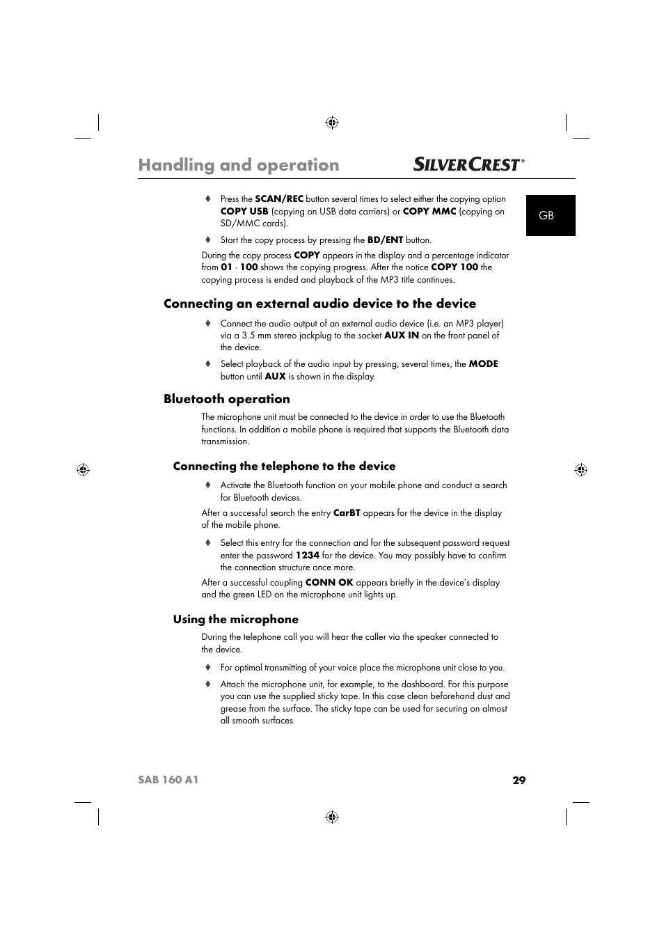 Handling and operation, Connecting an external audio device to the device, Bluetooth operation | Connecting the telephone to the device, Using the microphone | Silvercrest SAB 160 A1 User Manual | Page 31 / 242