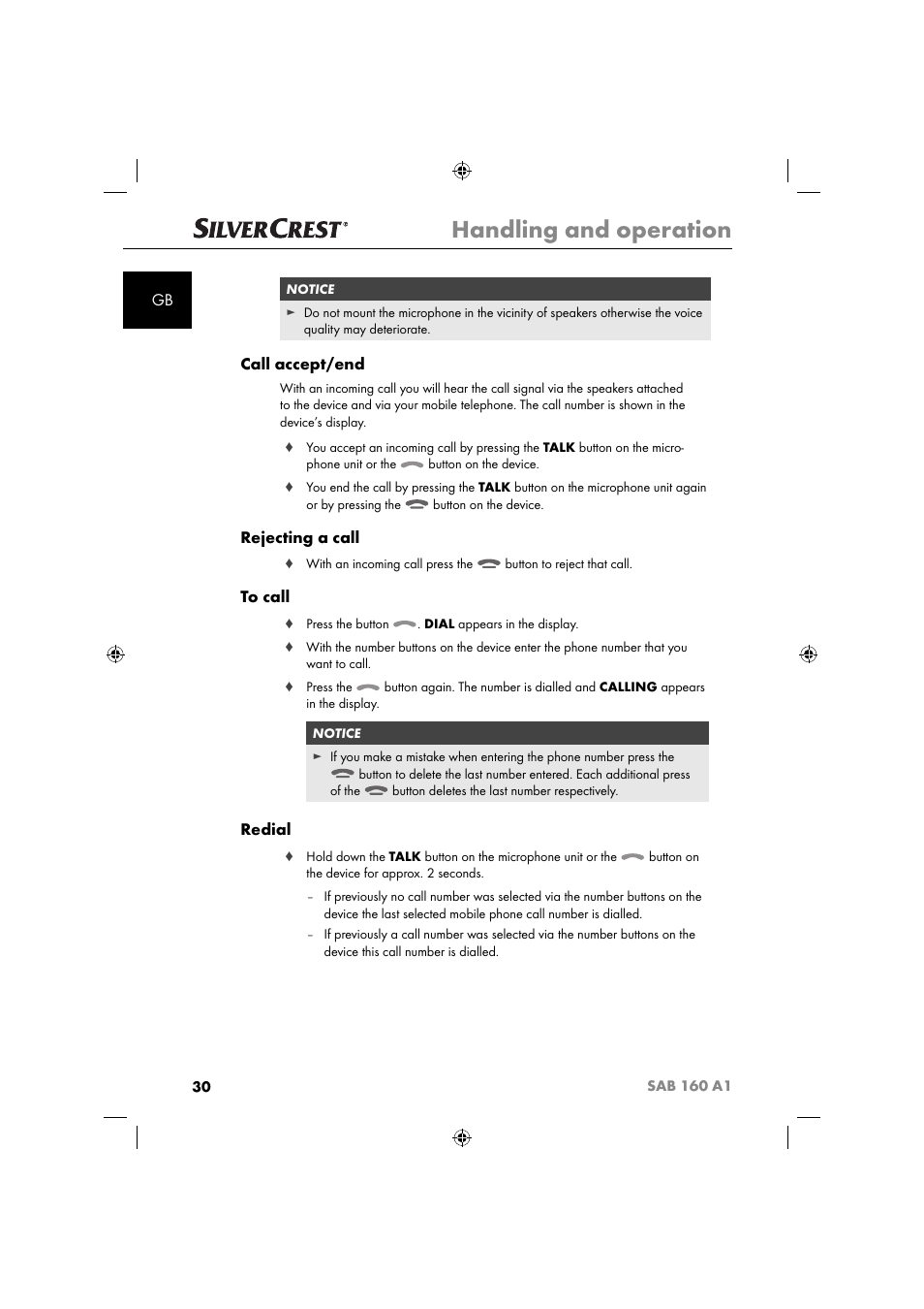 Handling and operation, Call accept/end, Rejecting a call | Redial | Silvercrest SAB 160 A1 User Manual | Page 32 / 242