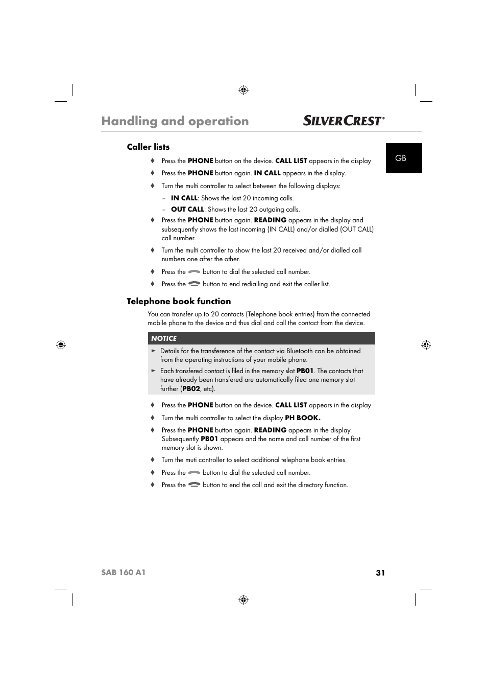 Handling and operation, Gb caller lists, Telephone book function | Silvercrest SAB 160 A1 User Manual | Page 33 / 242