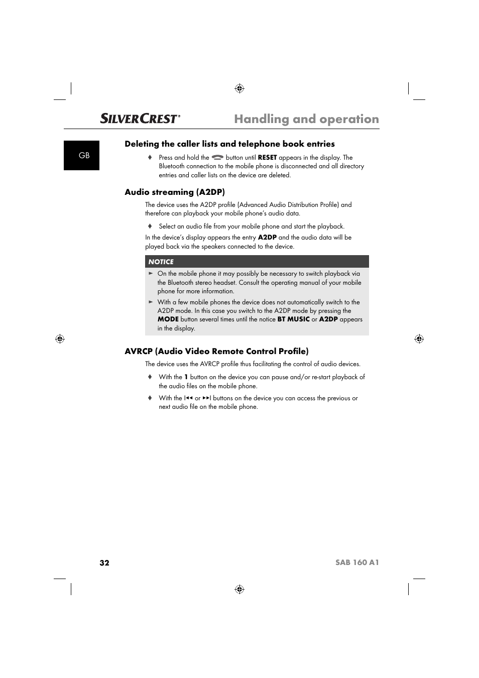 Handling and operation, Audio streaming (a2dp), Avrcp (audio video remote control proﬁ le) | Silvercrest SAB 160 A1 User Manual | Page 34 / 242