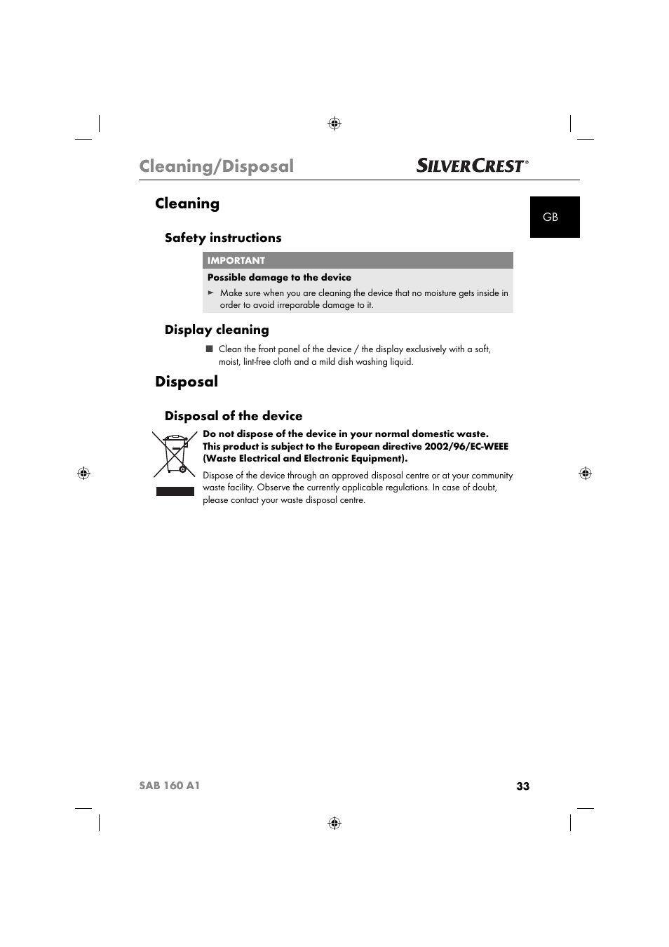 Cleaning/disposal, Cleaning, Disposal | Safety instructions, Display cleaning, Disposal of the device | Silvercrest SAB 160 A1 User Manual | Page 35 / 242