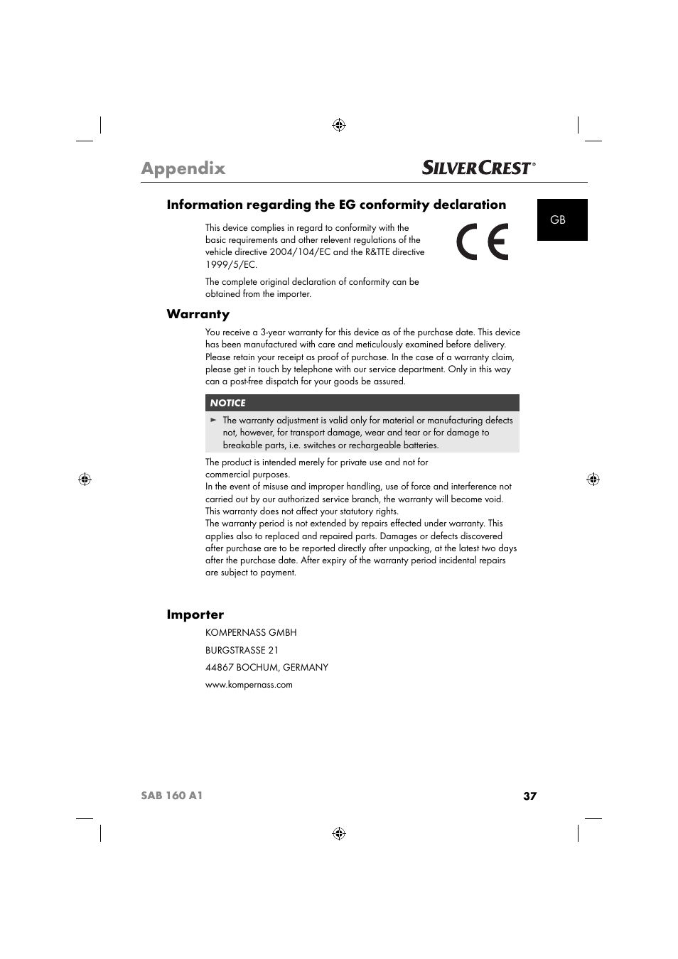 Appendix, Warranty, Importer | Silvercrest SAB 160 A1 User Manual | Page 39 / 242