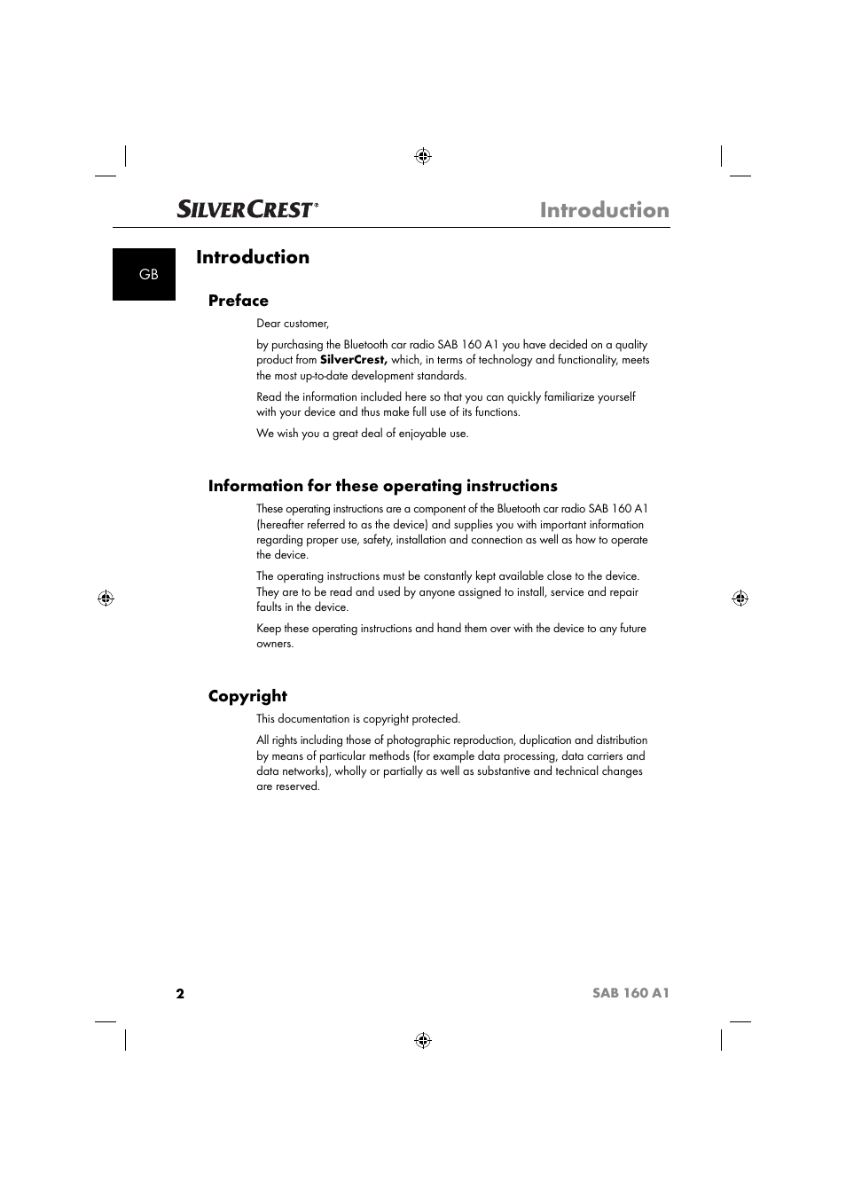 Introduction, Preface, Information for these operating instructions | Copyright | Silvercrest SAB 160 A1 User Manual | Page 4 / 242