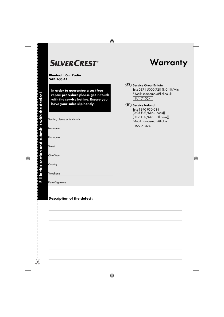 Warranty | Silvercrest SAB 160 A1 User Manual | Page 41 / 242