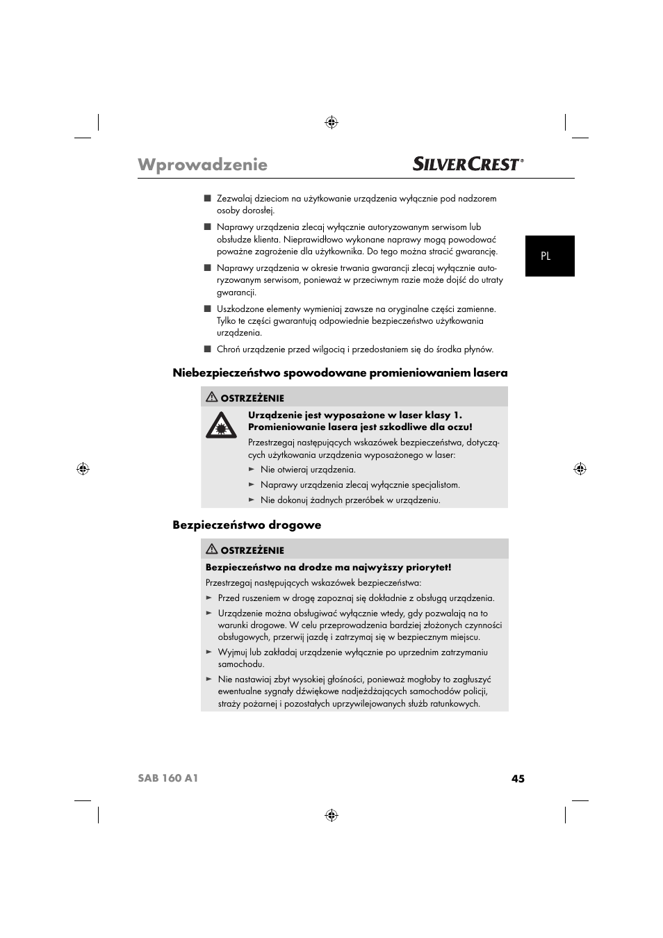 Wprowadzenie, Bezpieczeństwo drogowe | Silvercrest SAB 160 A1 User Manual | Page 47 / 242