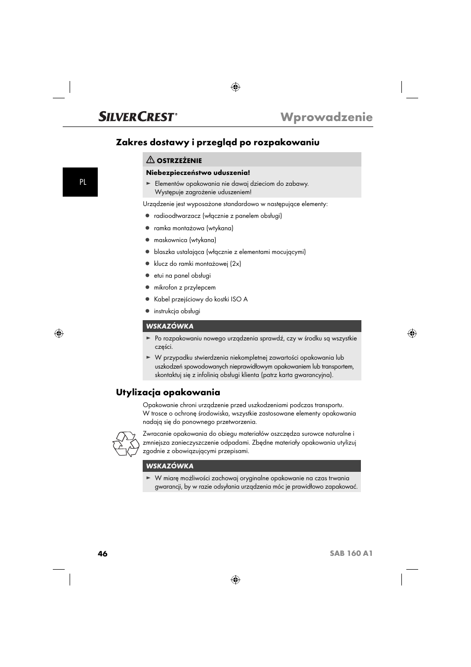 Wprowadzenie, Zakres dostawy i przegląd po rozpakowaniu, Utylizacja opakowania | Silvercrest SAB 160 A1 User Manual | Page 48 / 242