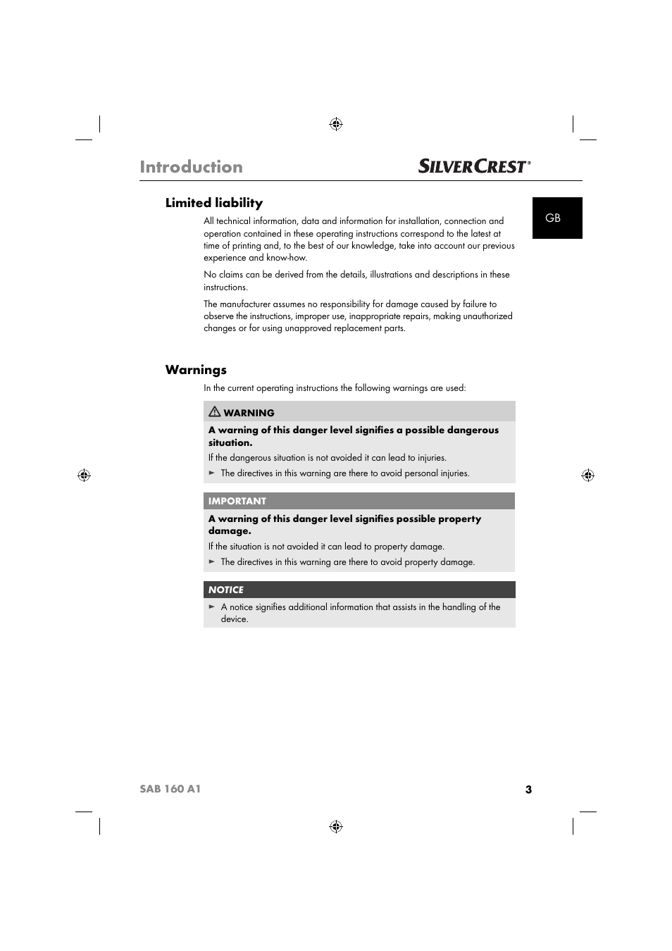 Introduction, Limited liability, Warnings | Silvercrest SAB 160 A1 User Manual | Page 5 / 242