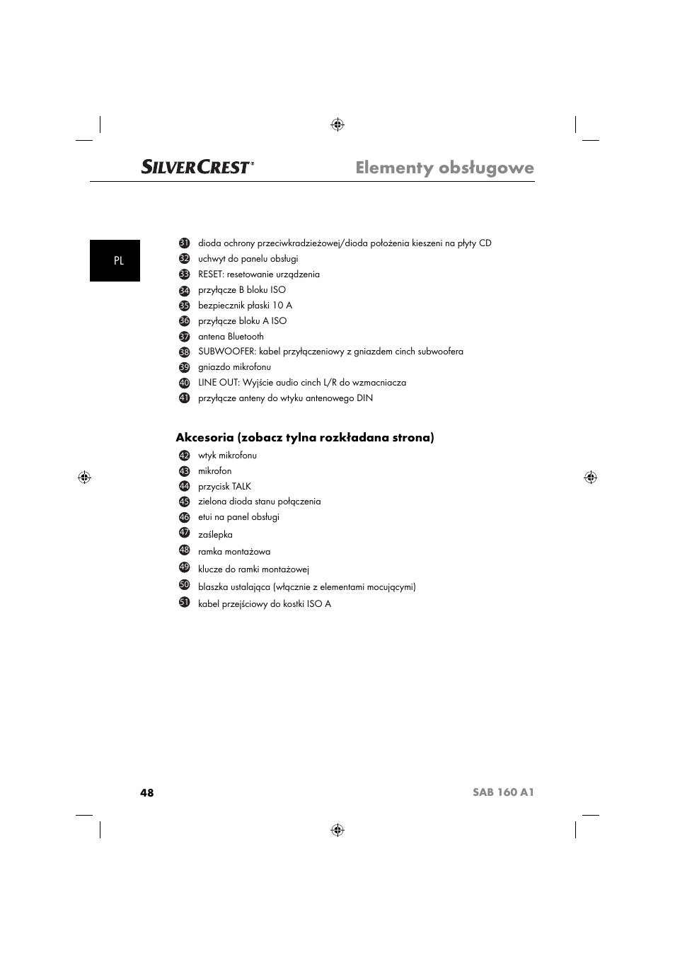 Elementy obsługowe, Akcesoria (zobacz tylna rozkładana strona) | Silvercrest SAB 160 A1 User Manual | Page 50 / 242