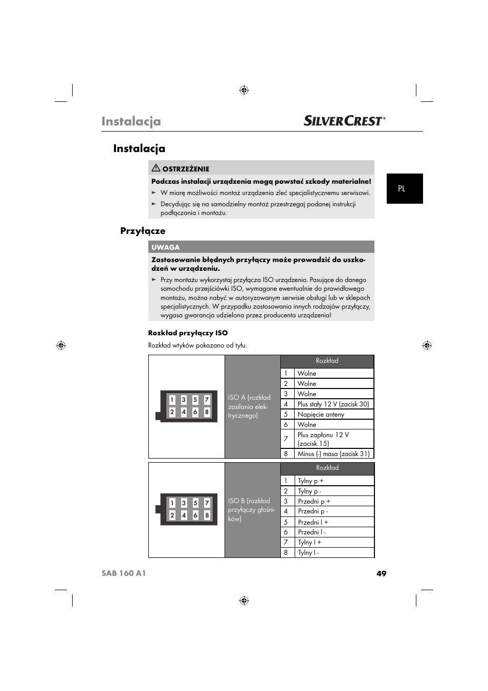 Instalacja, Przyłącze | Silvercrest SAB 160 A1 User Manual | Page 51 / 242