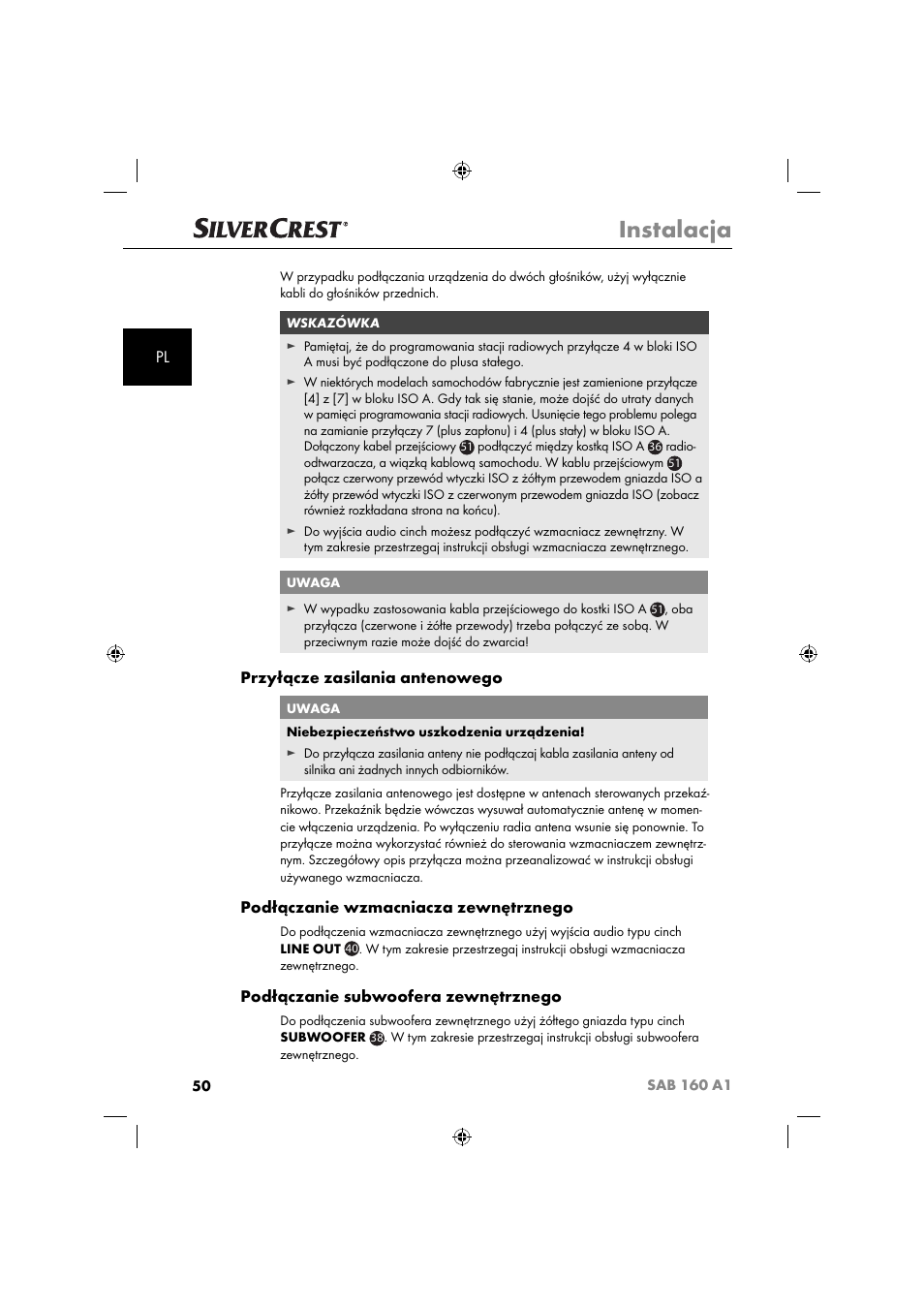 Instalacja, Przyłącze zasilania antenowego, Podłączanie wzmacniacza zewnętrznego | Podłączanie subwoofera zewnętrznego | Silvercrest SAB 160 A1 User Manual | Page 52 / 242