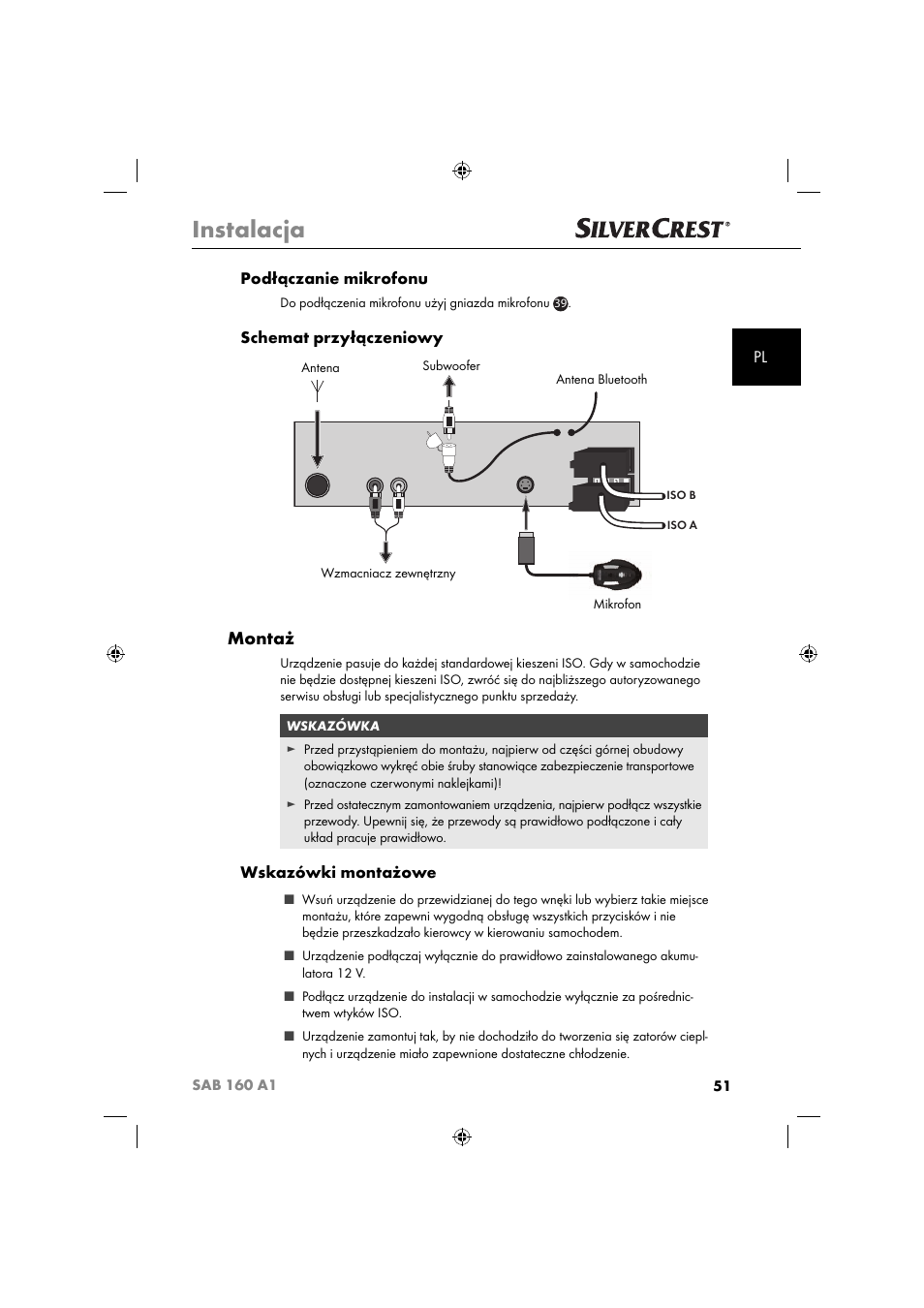 Instalacja, Montaż, Pl podłączanie mikrofonu | Schemat przyłączeniowy, Wskazówki montażowe | Silvercrest SAB 160 A1 User Manual | Page 53 / 242