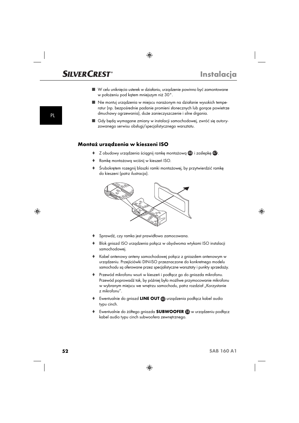 Instalacja, Montaż urządzenia w kieszeni iso | Silvercrest SAB 160 A1 User Manual | Page 54 / 242