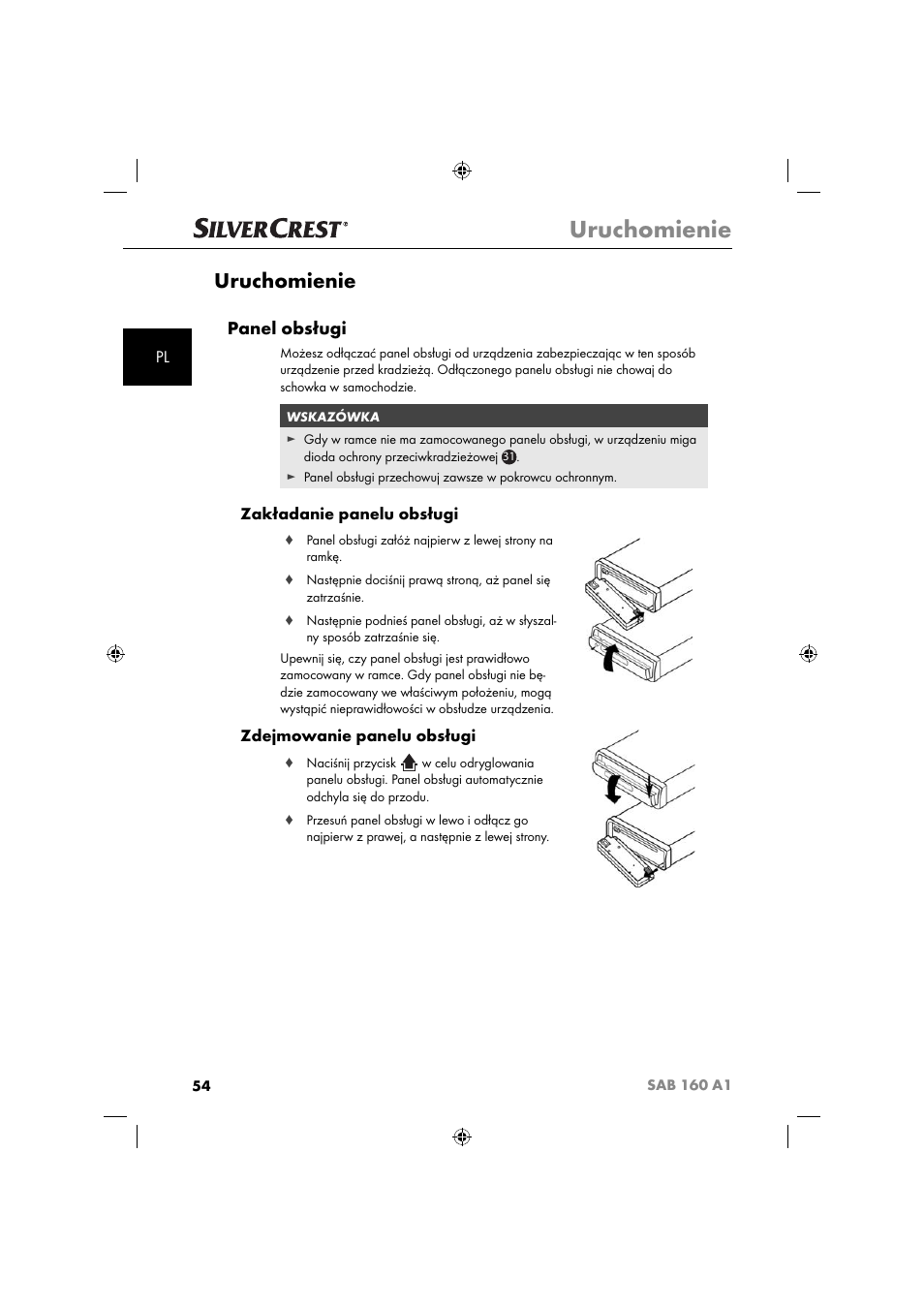 Uruchomienie, Panel obsługi, Zakładanie panelu obsługi | Zdejmowanie panelu obsługi | Silvercrest SAB 160 A1 User Manual | Page 56 / 242