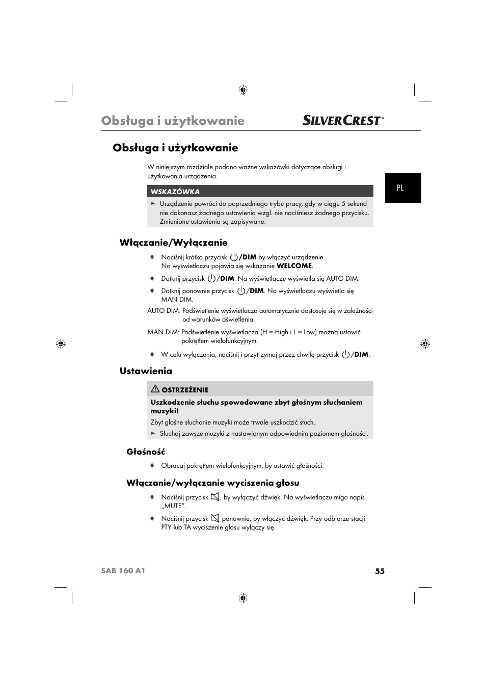 Obsługa i użytkowanie, Włączanie/wyłączanie, Ustawienia | Głośność, Włączanie/wyłączanie wyciszenia głosu | Silvercrest SAB 160 A1 User Manual | Page 57 / 242