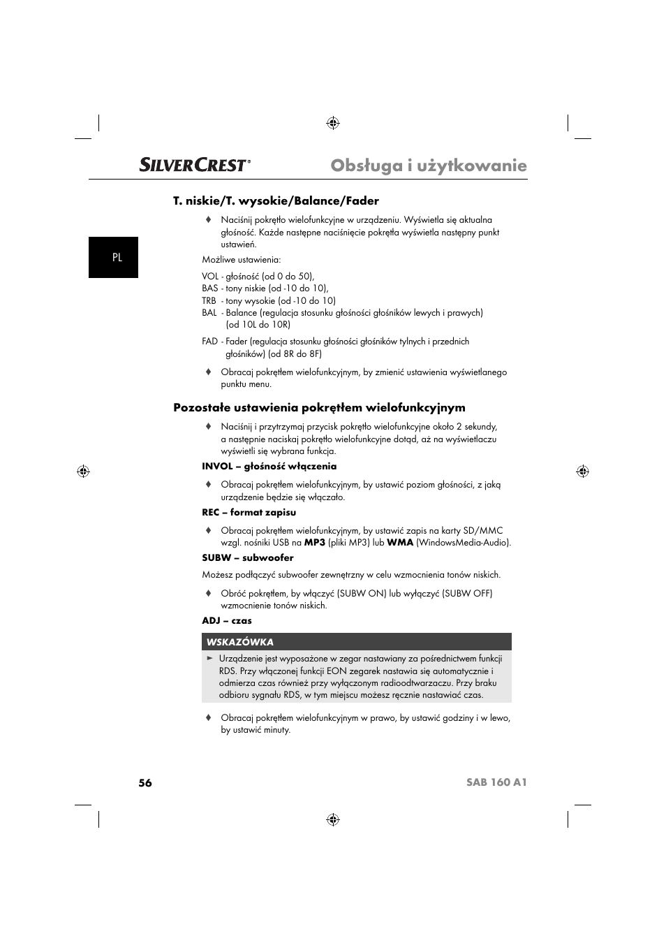 Obsługa i użytkowanie, Pl t. niskie/t. wysokie/balance/fader, Pozostałe ustawienia pokrętłem wielofunkcyjnym | Silvercrest SAB 160 A1 User Manual | Page 58 / 242